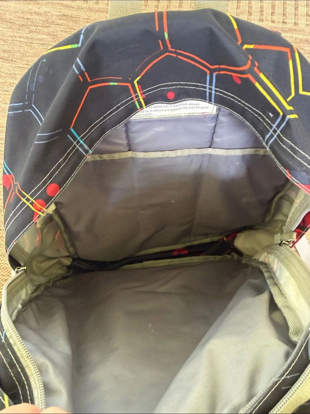 L.L. Bean Black Backpack with Red and Blue Geometric Print